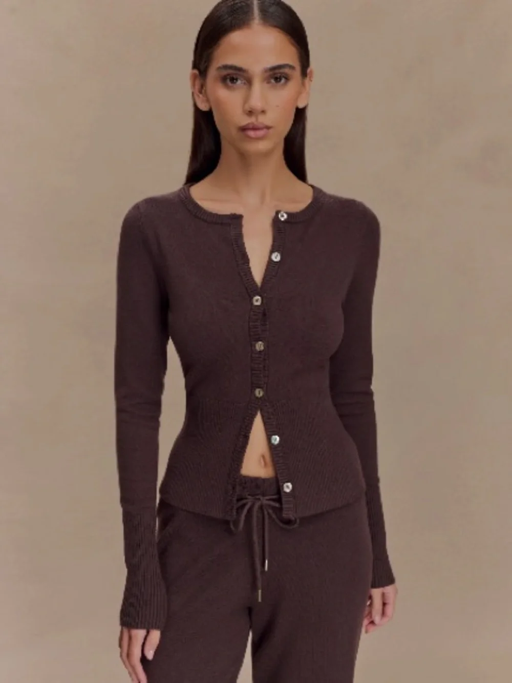 Meshki Reese Fitted Ribbed Knit Cardigan - Dark Chocolate - Picture 2 of 7